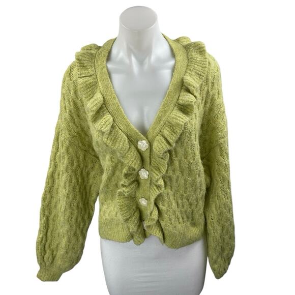 Vero Moda Women's Green Floral Button Ruffle Knit Cardigan Sweater Top Size M - Picture 1 of 3
